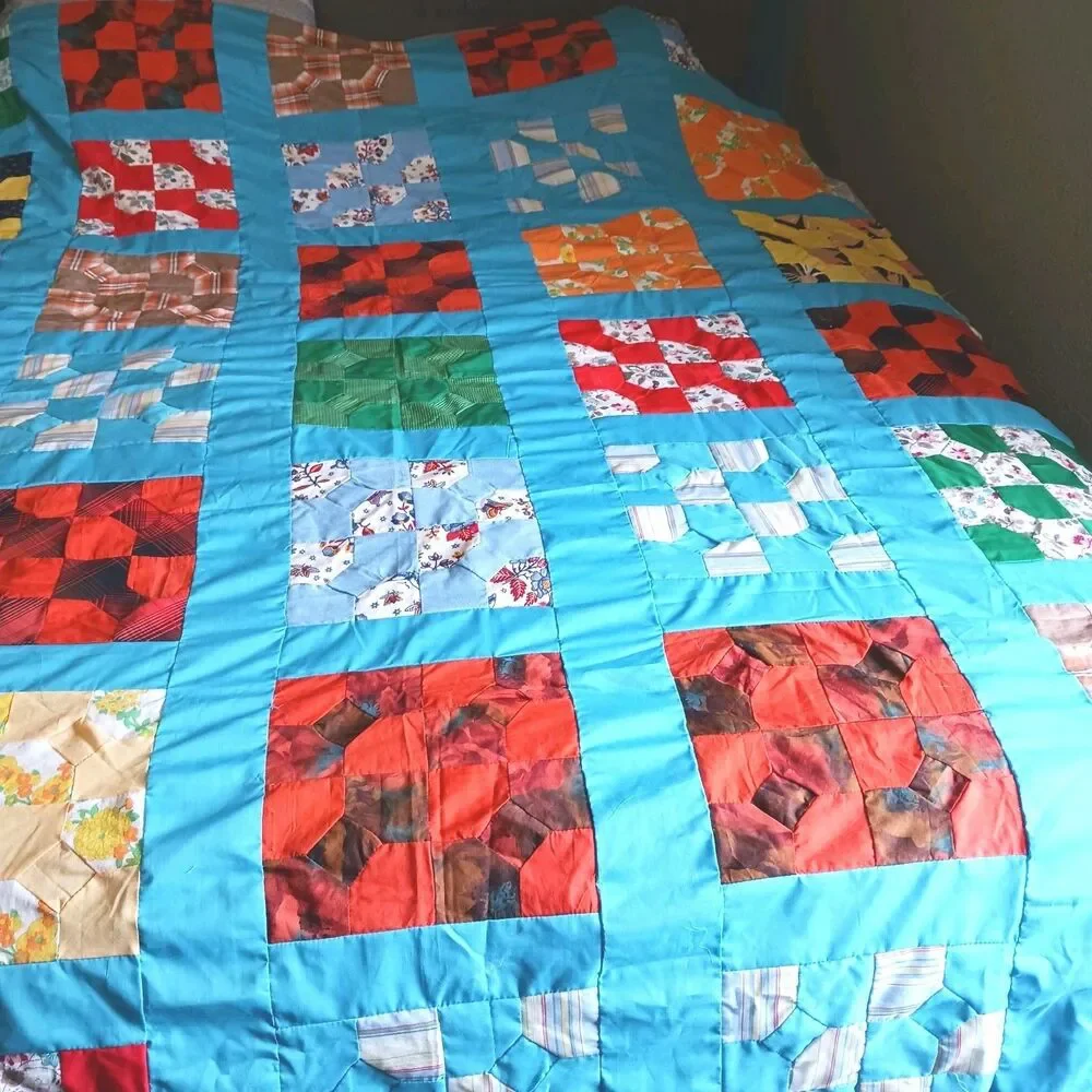 Handmade Bow Tie Quilt Top Hand Pieced Unfinished 95x71